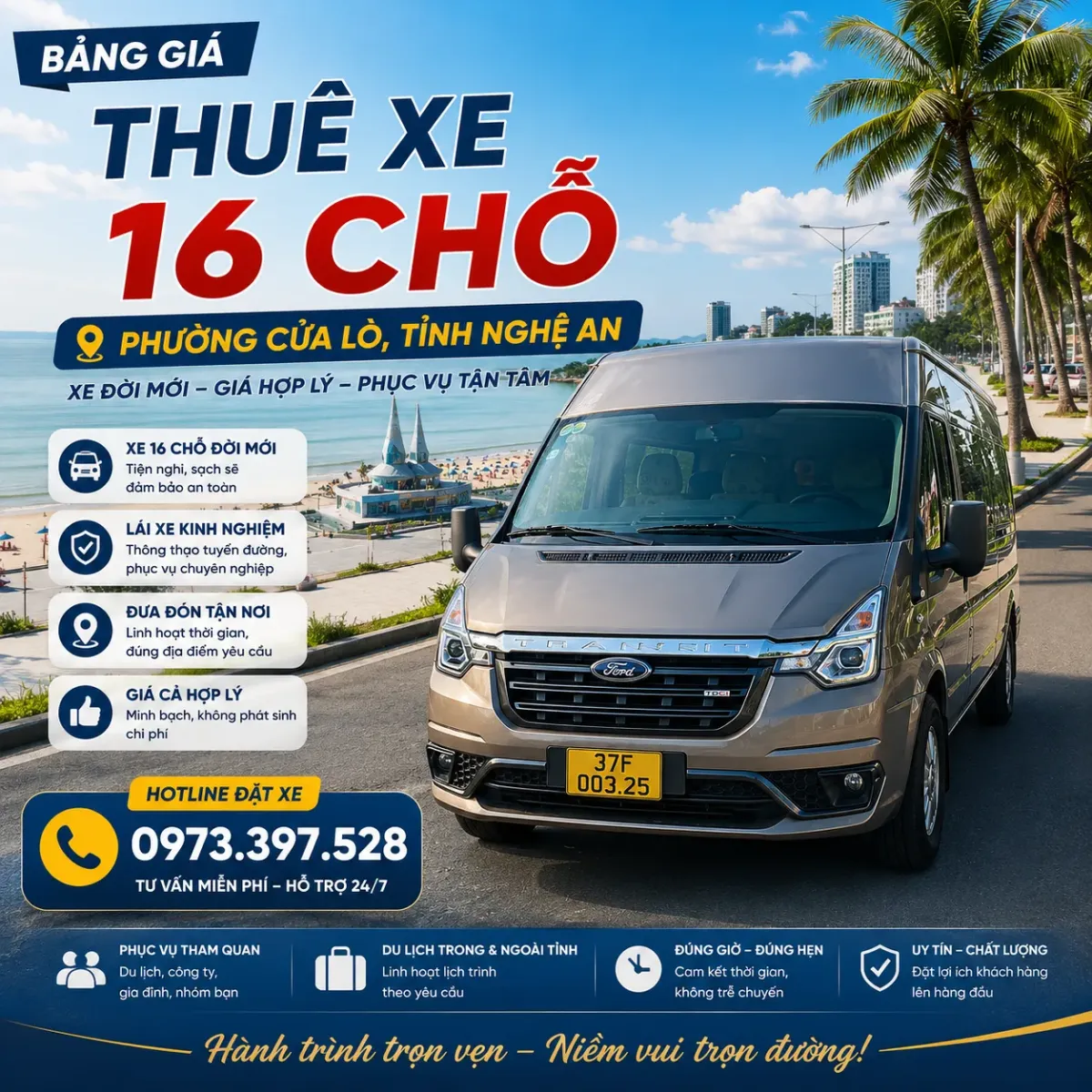 Bảng giá thuê xe 16 chỗ phường Cửa Lò, tỉnh Nghệ An